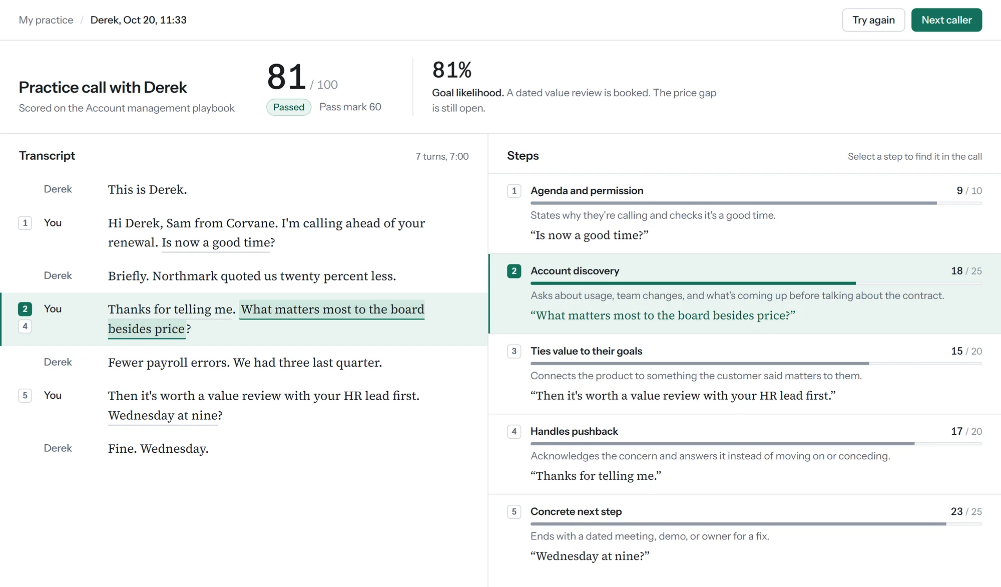 A RingSpar scorecard for a practice call with a caller named Derek. The call scored 81 out of 100 and passed. The transcript is on the left; on the right, five playbook steps each show points and a quote. The selected step, Account discovery, highlights the matching line in the transcript.