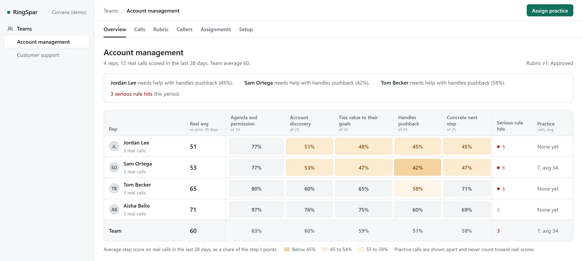 The team overview for an account management team: four reps by five playbook steps, with the weakest scores shaded. A summary line says which step each rep needs help with, and that there were 3 serious rule hits this period.